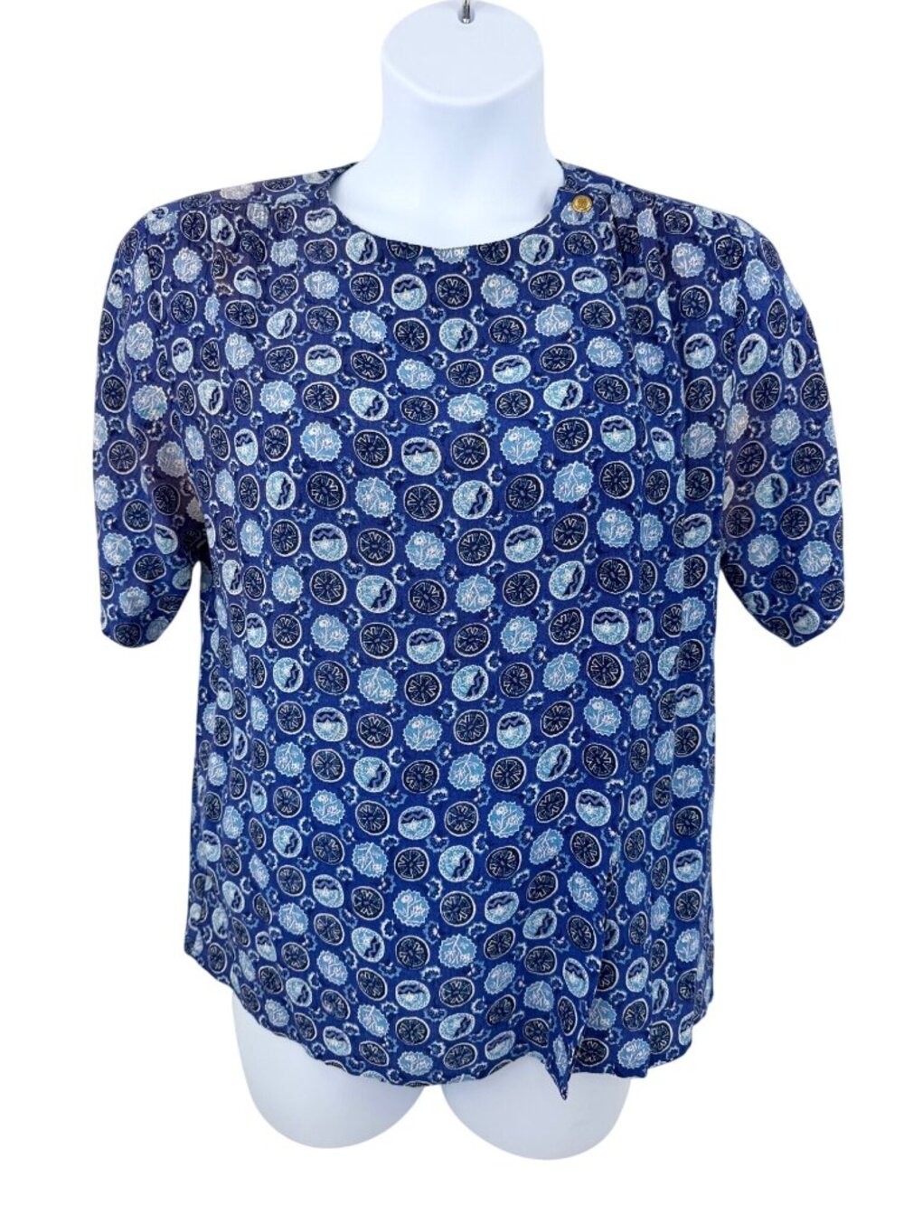 Vintage SK & Company Blue Printed Front Side Button Short Sleeve Top - M